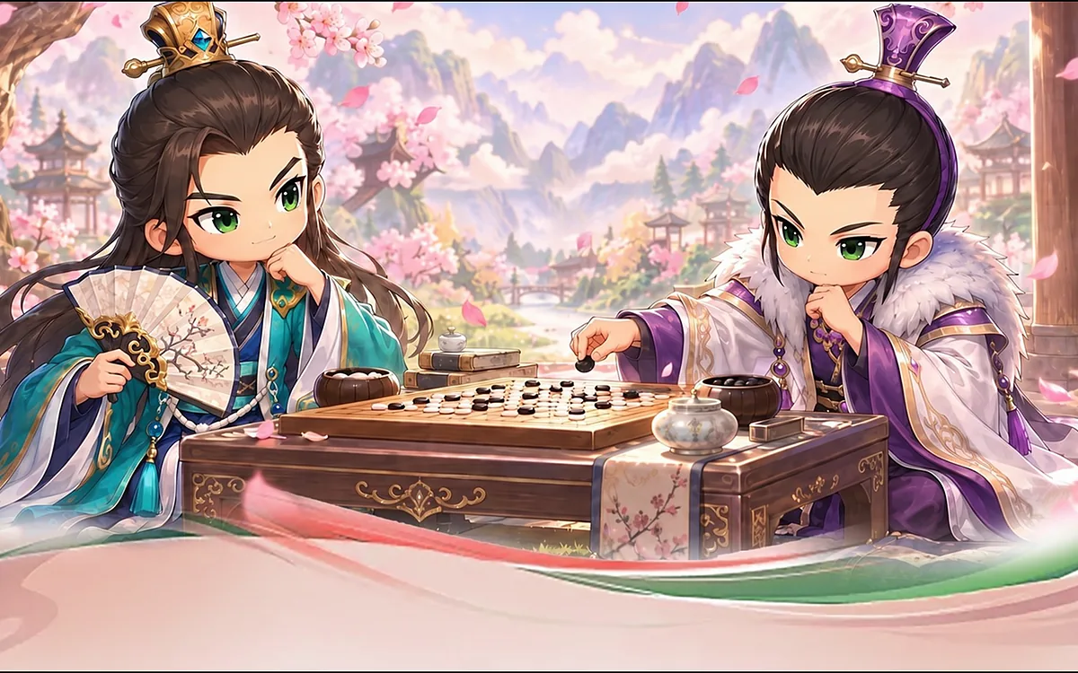 《桃园将帅录》桃园剧情插画：两位Q版三国武将在桃花树下对弈